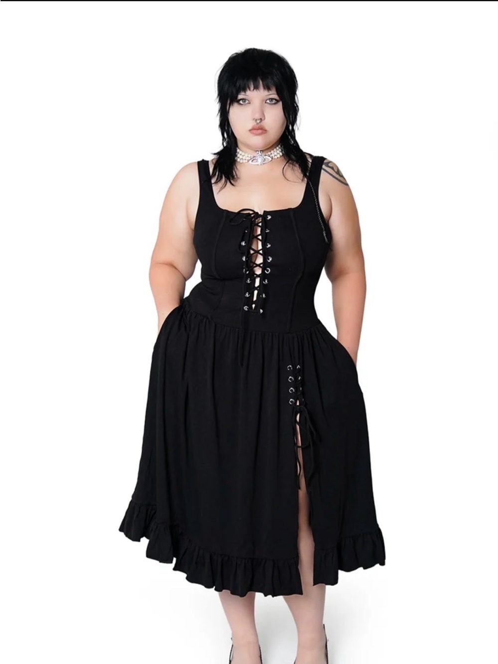 Forest Ink Dollhouse Midi Dress with Ruffle Hem and pockets. Size Medium.